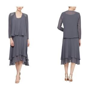 SLNY Beaded Detail Chiffon Dress with Jacket Steel Gray Size 12P NWT $129 MSRP